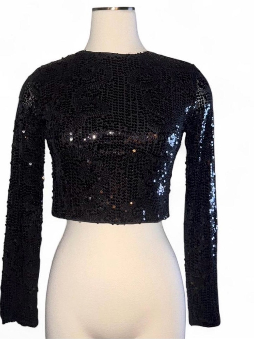 Chocolate Black Sequin Cropped Long-Sleeve Top